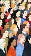 Obraz premium Diverse crowd of people, profiles, looking sideways, illustration