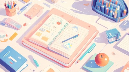 Image of books, globe, stationery, apple and schoolbag over lined pink notebook page. Stationery, school, education, study, learning, equipment and communication, digitally generated image.