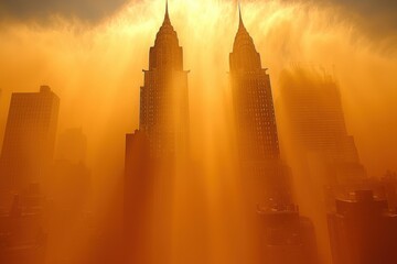 Silhouetted skyscrapers rise against a vibrant orange backdrop, creating a striking contrast as light filters through a hazy atmosphere.