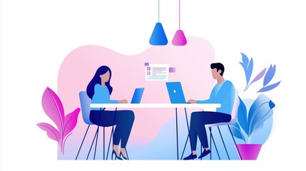 Collaborative work session office illustration modern environment side view teamwork concept