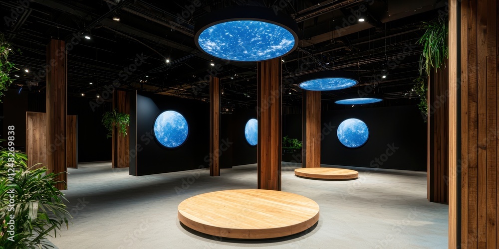 Poster a modern exhibition space featuring circular screens displaying the earth, surrounded by wooden pill
