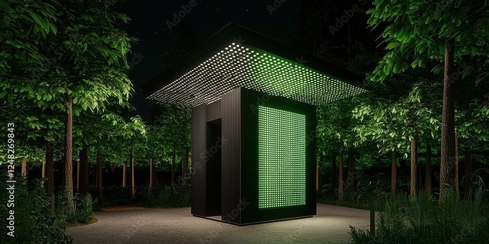 Poster a modern, illuminated structure surrounded by trees at night, featuring a unique green light design 