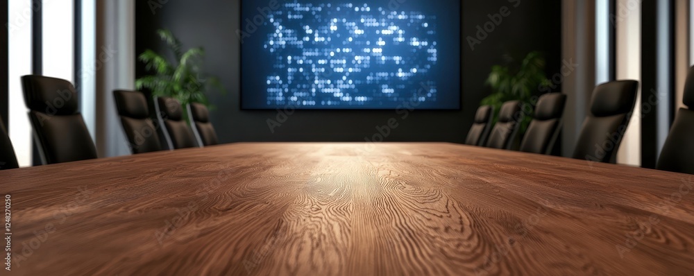 Poster a modern conference room featuring a large wooden table and a digital display on the wall, creating 