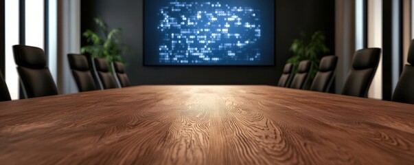 A modern conference room featuring a large wooden table and a digital display on the wall, creating a professional atmosphere for meetings.