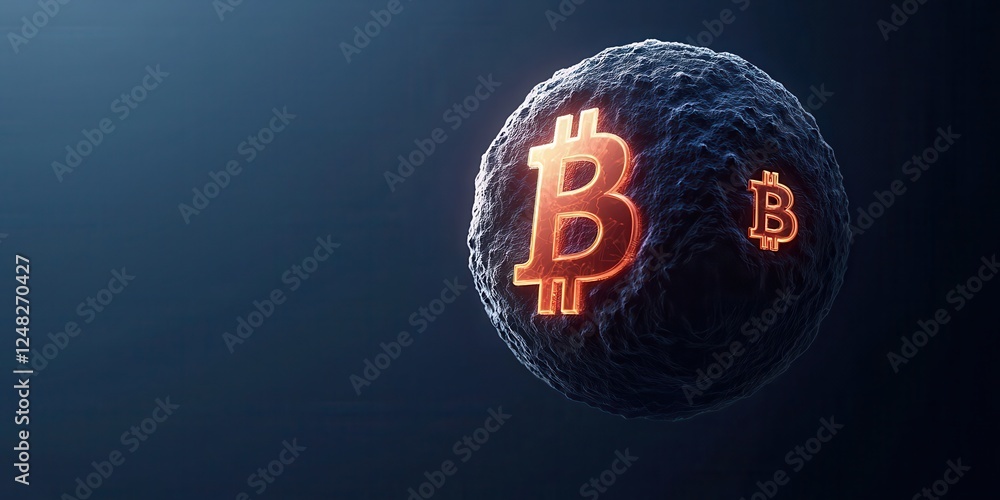 Poster a glowing bitcoin symbol is depicted on a textured sphere, representing cryptocurrency in a digital,