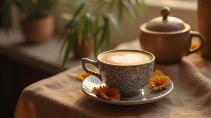A steaming cup of coffee with intricate latte art
