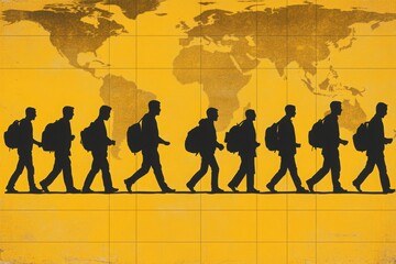 Silhouettes of travelers with backpacks walking against a world map backdrop on a vibrant yellow background.