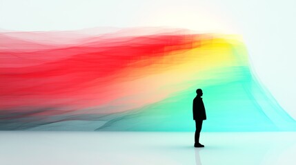 Obraz premium A silhouette stands before a cascade of vibrant colors evoking contemplation and the vast spectrum of human experience and emotion