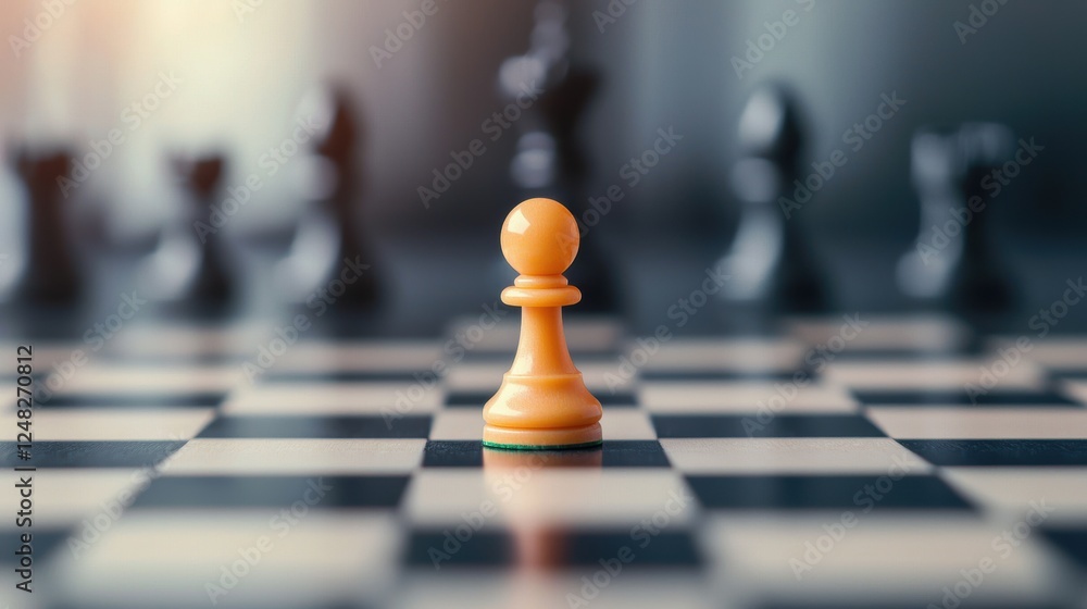 Poster a chessboard with a single pawn facing off against a row of opposing pieces, representing the concep