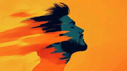 A man's profile merging with vibrant orange strokes captures the essence of movement and transformation against a golden backdrop