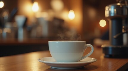 Fototapeta premium A coffee cup placed on a table in a café