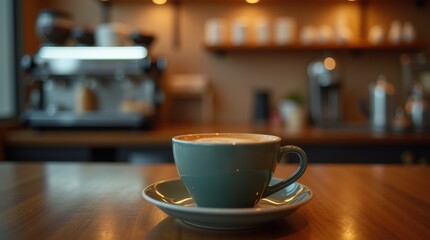 A coffee cup placed on a table in a caf&eacute;
