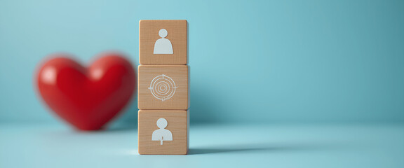 Strategic healthcare planning, wooden blocks with goal, person, and medical plus sign for emergency action plan