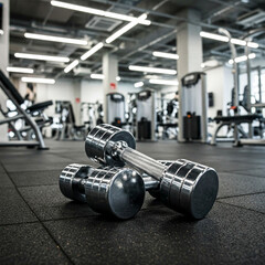 Naklejka na ściany i meble dumbbell on the gym floor. Dumbbells in gym. interior of a gym with dumbbell and other gym equipment.