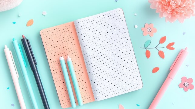 A bullet journal spread with colorful hand drawn headers, trackers, and lists, demonstrating a creative and personalized approach to organization.