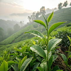 Fototapeta premium Green Tea Buds and Leaves in Lush Plantations