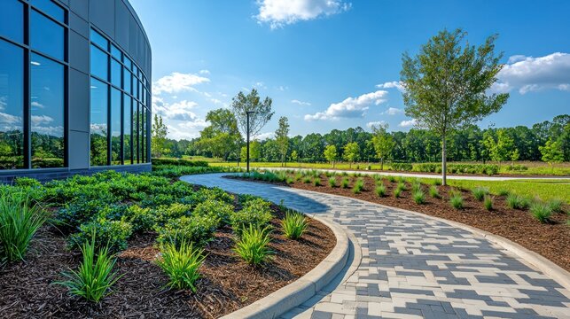 Modern office building landscaped walkway