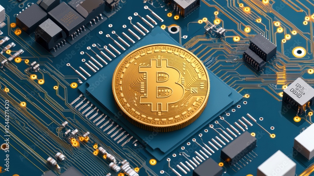 Poster a golden bitcoin sits prominently on a blue circuit board, symbolizing the intersection of cryptocur