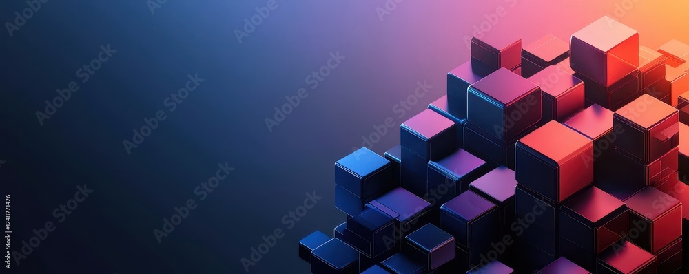 Poster a vibrant composition of 3d cubes in shades of blue, purple, and pink, creating a modern, abstract v