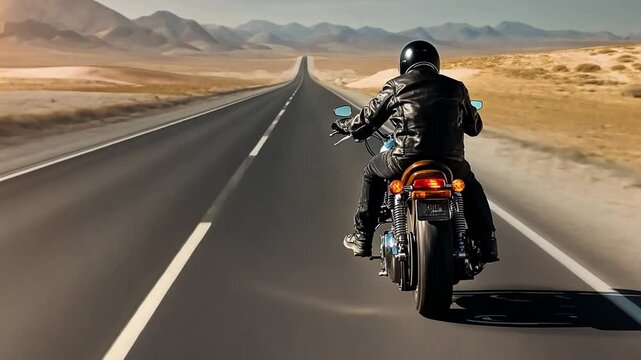 Open Road Adventure: A lone motorcyclist rides along a seemingly endless desert highway, embodying freedom, adventure, and the thrill of the open road.