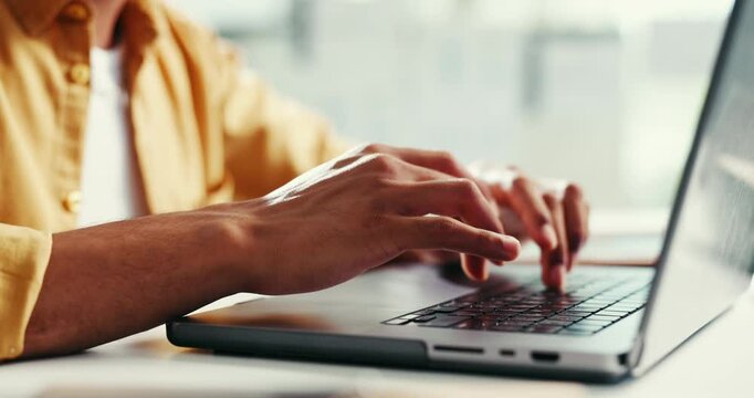 Startup, hands and man on laptop for web design, research and online for software tools. Business, freelancer and front end developer with digital for ux information, seo report and review by closeup