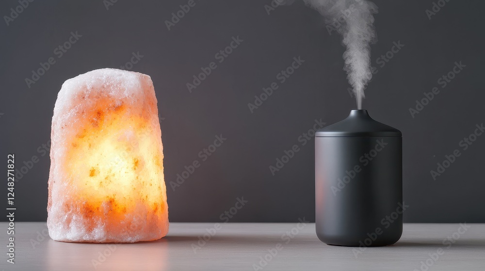 Poster himalayan salt lamp and diffuser combination creating a serene glowing atmosphere for relaxation and