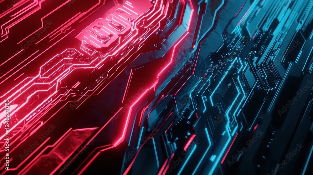 Poster a vibrant digital background featuring glowing red and blue circuit patterns, evoking a tech-inspire