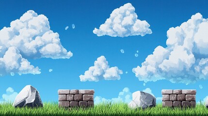 A seamless pixel art texture resembling brick walls, grassy plains, or sparkling water, highlighting the versatility of pixel art for creating game environments.