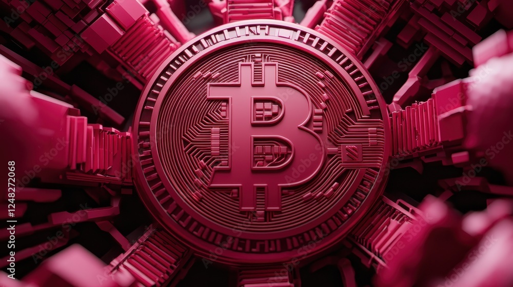 Poster a close-up view of a red bitcoin symbol, highlighting digital connections and technology in cryptocu