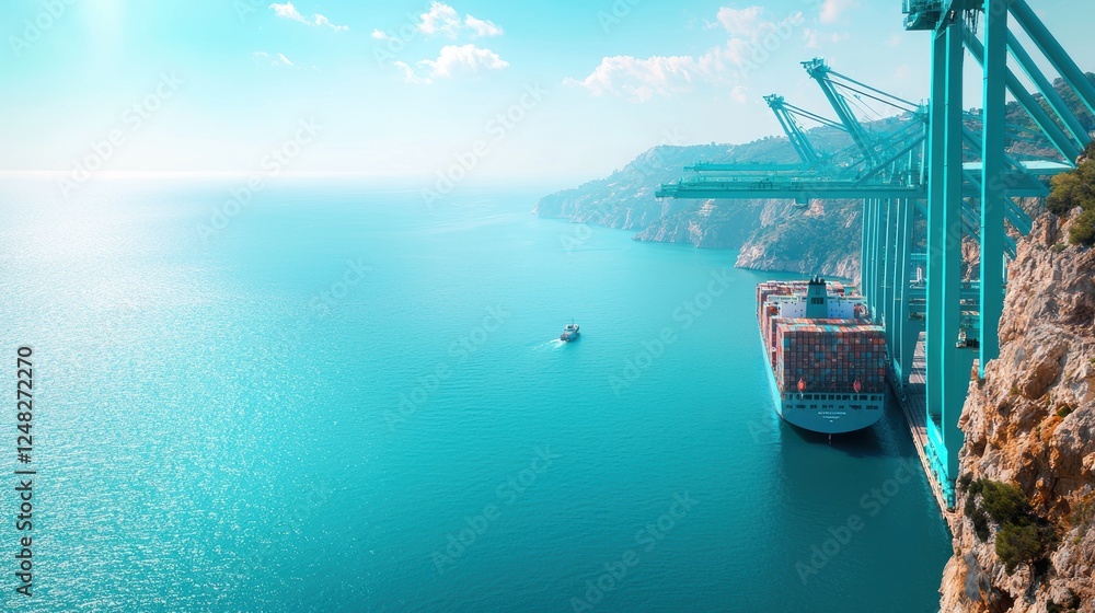 Poster a busy harbor with container ships being loaded and unloaded by towering cranes, showcasing the scal