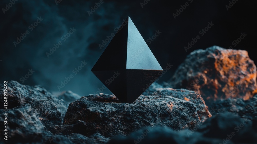 Poster a geometric black pyramid stands atop rocky terrain, illuminated by a mystical glow, creating an int