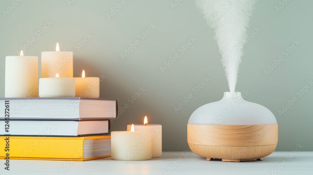 Poster elegant diffuser emitting gentle mist surrounded by books and soft candles in a serene setting