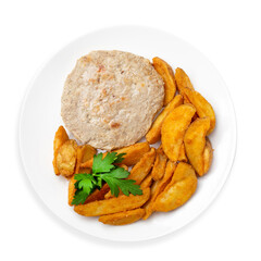 Steamed meat cutlet with country-style potatoes. Top view, on a white background, isolated.