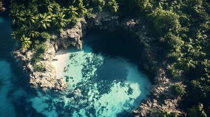 Obraz premium Aerial view of vibrant lagoon, crystal clear water surrounded by lush greenery, tranquil setting ideal for relaxation and escape.