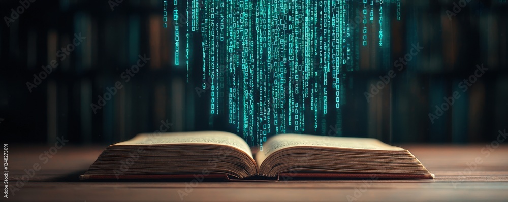 Poster An open book with cascading digital code above it, symbolizing the intersection of literature and technology in a modern world.