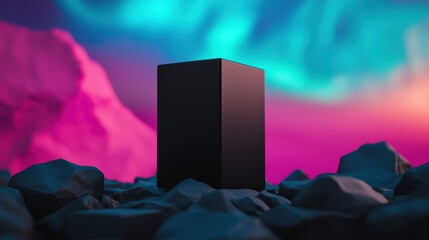 A minimalistic black monolith stands on rocky terrain, illuminated by vibrant northern lights in a surreal, colorful landscape.