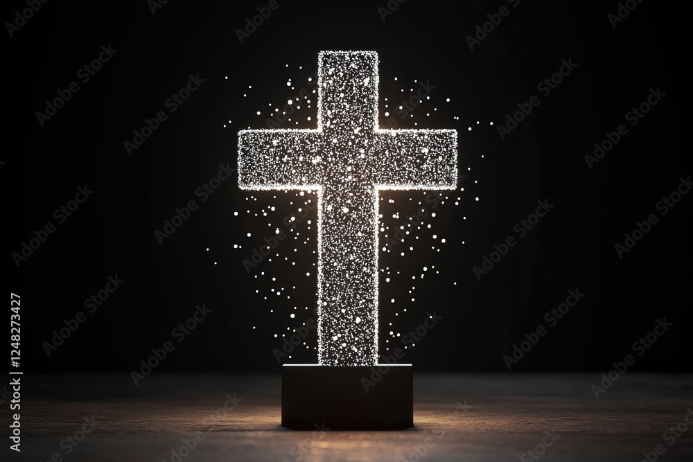 Poster easter concepts. illuminated cross sparkling against a dark background.