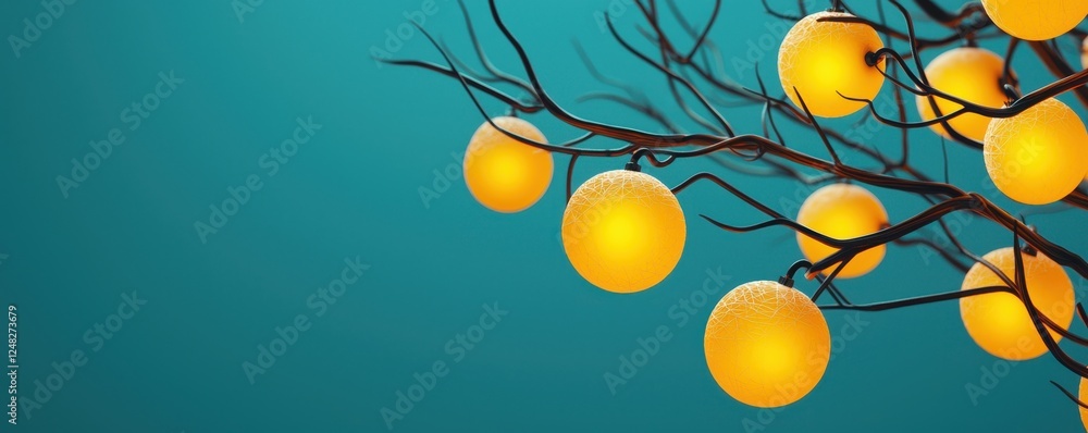 Poster a serene image of glowing yellow orbs hanging from a branch against a teal background, creating a wa