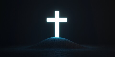 Easter Concepts. Glowing cross on a hill in a dark atmosphere.