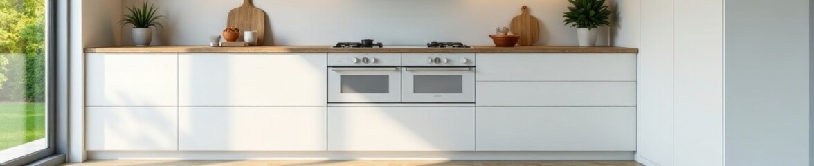 Sleek white cabinets, minimalist oven, clean lines, white kitchen, backsplash