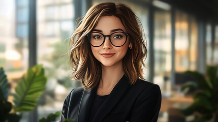 Fototapeta premium a young woman with wavy blonde hair, standing in a brightly lit office hallway,
