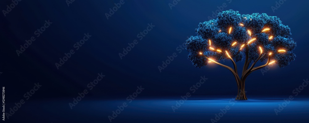 Poster a glowing tree adorned with lights stands against a deep blue background, creating a serene and magi