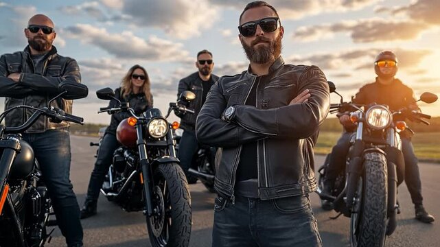 Motorbike Crew at Sunset: A group of tough, cool, and confident bikers stand with their motorcycles against a backdrop of a fiery sunset. They exude a sense of adventure, brotherhood, and freedom.
