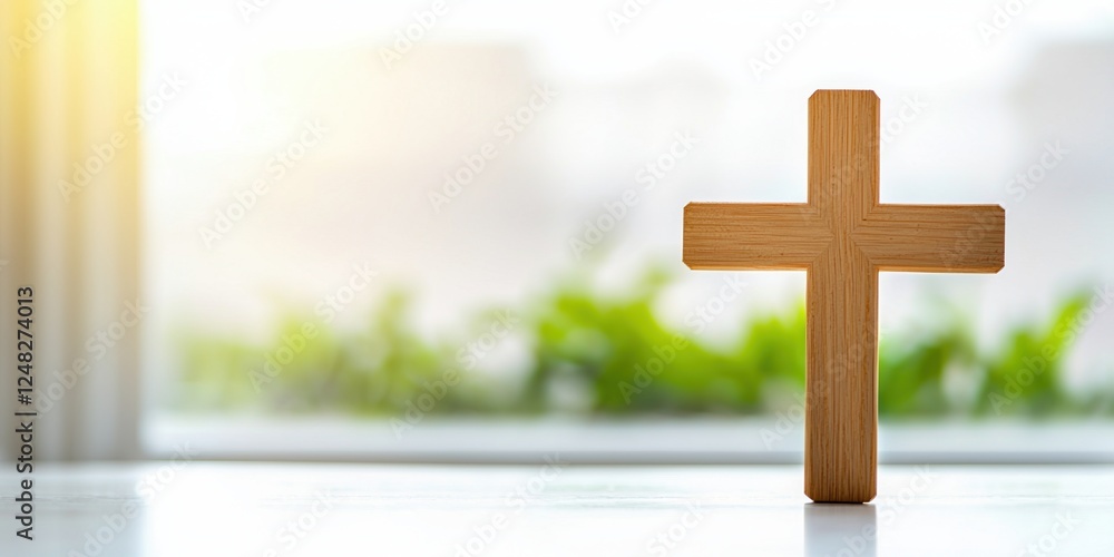Poster easter concepts. wooden cross on a table with a blurred background of greenery.