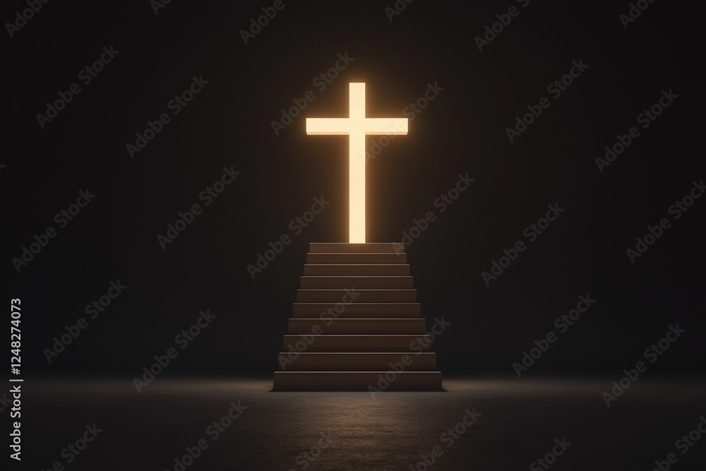 Poster easter concepts. illuminated cross on a pedestal in a dark setting.
