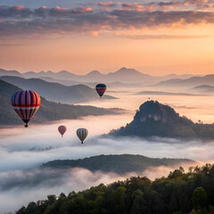 Morning Fog Over Mountains with Hot Air Balloon