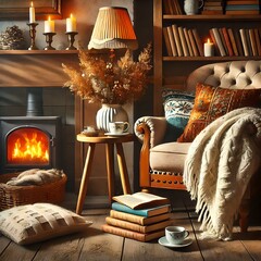 Cozy Reading Nook: A comfortable reading nook with a soft chair, a stack of books, and a warm blanket