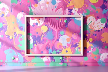 3d render. Creative paint-splattered pink wall with a stylish frame, adding a lively artistic touch. Minimal frame mock-up for product visuals