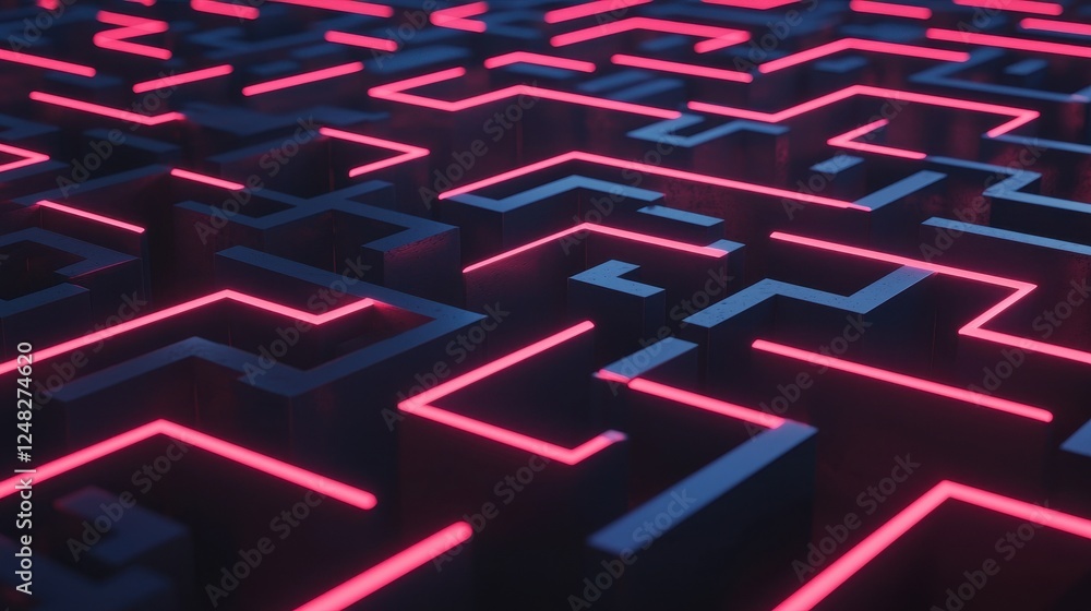Poster A vibrant maze design with glowing pink and blue lines on a dark background, creating a futuristic and visually engaging pattern.