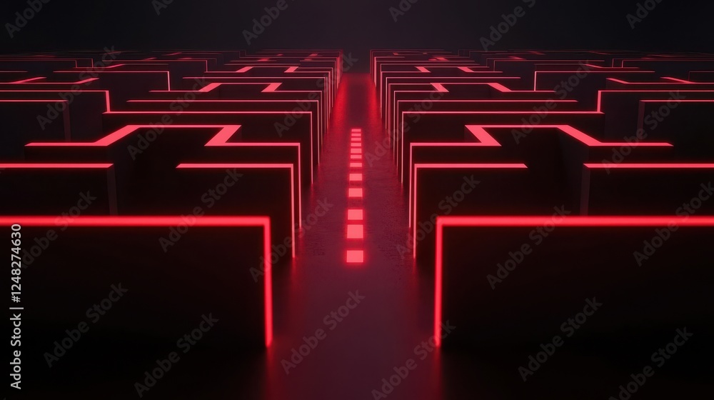 Poster a futuristic maze illuminated by red neon lights, creating a striking visual contrast against a dark